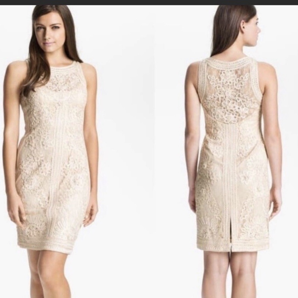 Sue Wong Nocture embroidered lace Cream Mini Dress
Textured sheath sleeveless 4